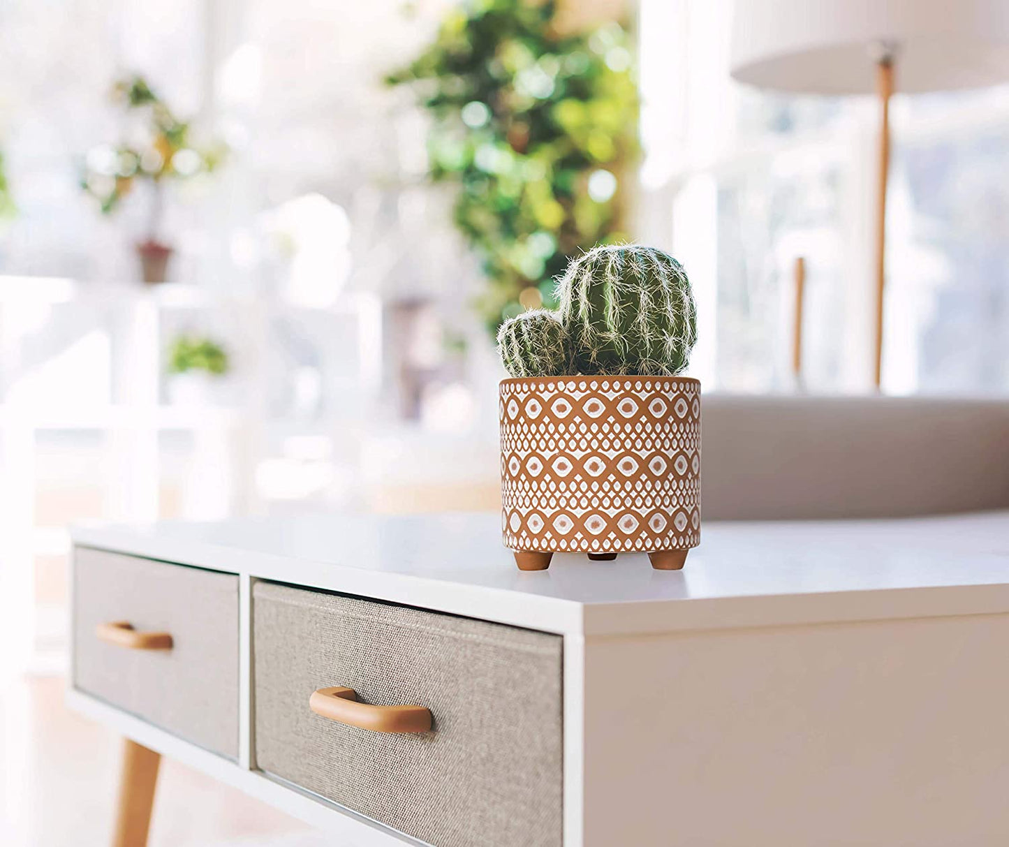 Set of 2 Terracotta Planter Pots, 4 Inch & 6 Inch, Design Plants Pot with Drainage Hole, Desert Mirage, Terracotta/White, 31-953-B-1