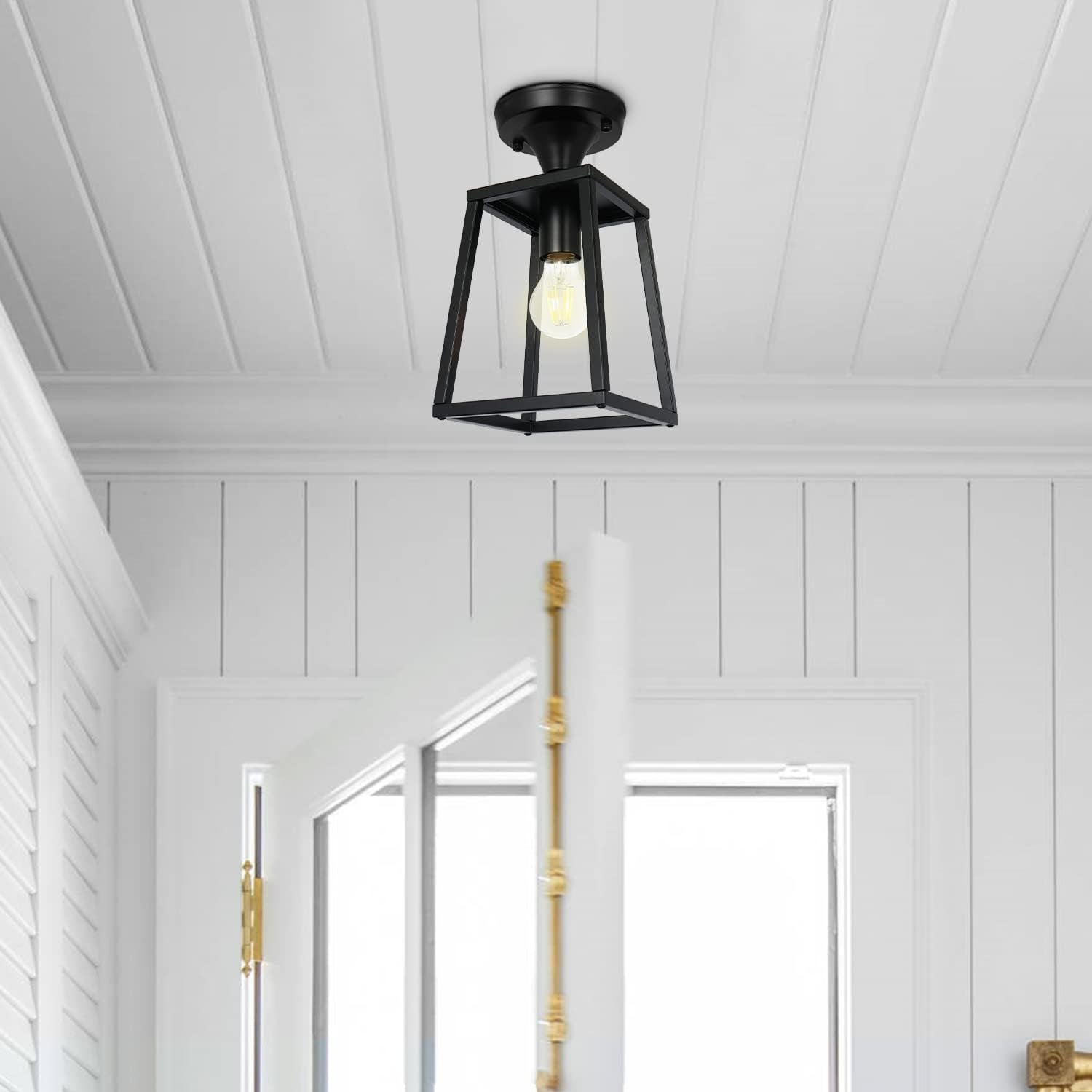 ZOSIMIO Black Industrial Semi-Flush Mount Ceiling Light, Farmhouse Ceiling Light Fixtures for Entryway Porch Hallway Stairway Garage Kitchen Island Dining Room (1 Pack)