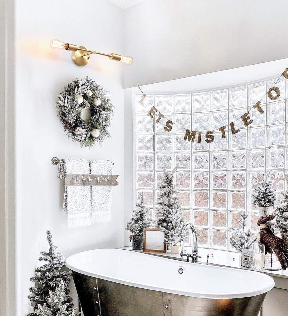 Gold Vanity Lights, 2-Light Bathroom Light Fixtures over Mirror Brass Sconce Modern Semi Flush Mount Wall Light Fixture for Toilet Bedroom Living Dining Room Restaurant Hallway Entryway