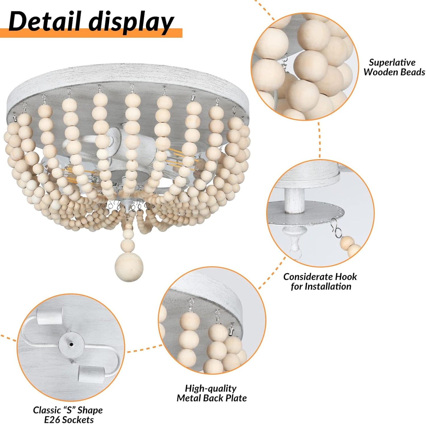 Boho Wood Bead Chandelier, Retro Ceiling Lamp, Farmhouse 2-Light Pendant Light Fixture, Semi Flush Mount Ceiling Light for Living Room Entryway Hallway Kitchen Dining Room Baby’S Nursery, Oak& White