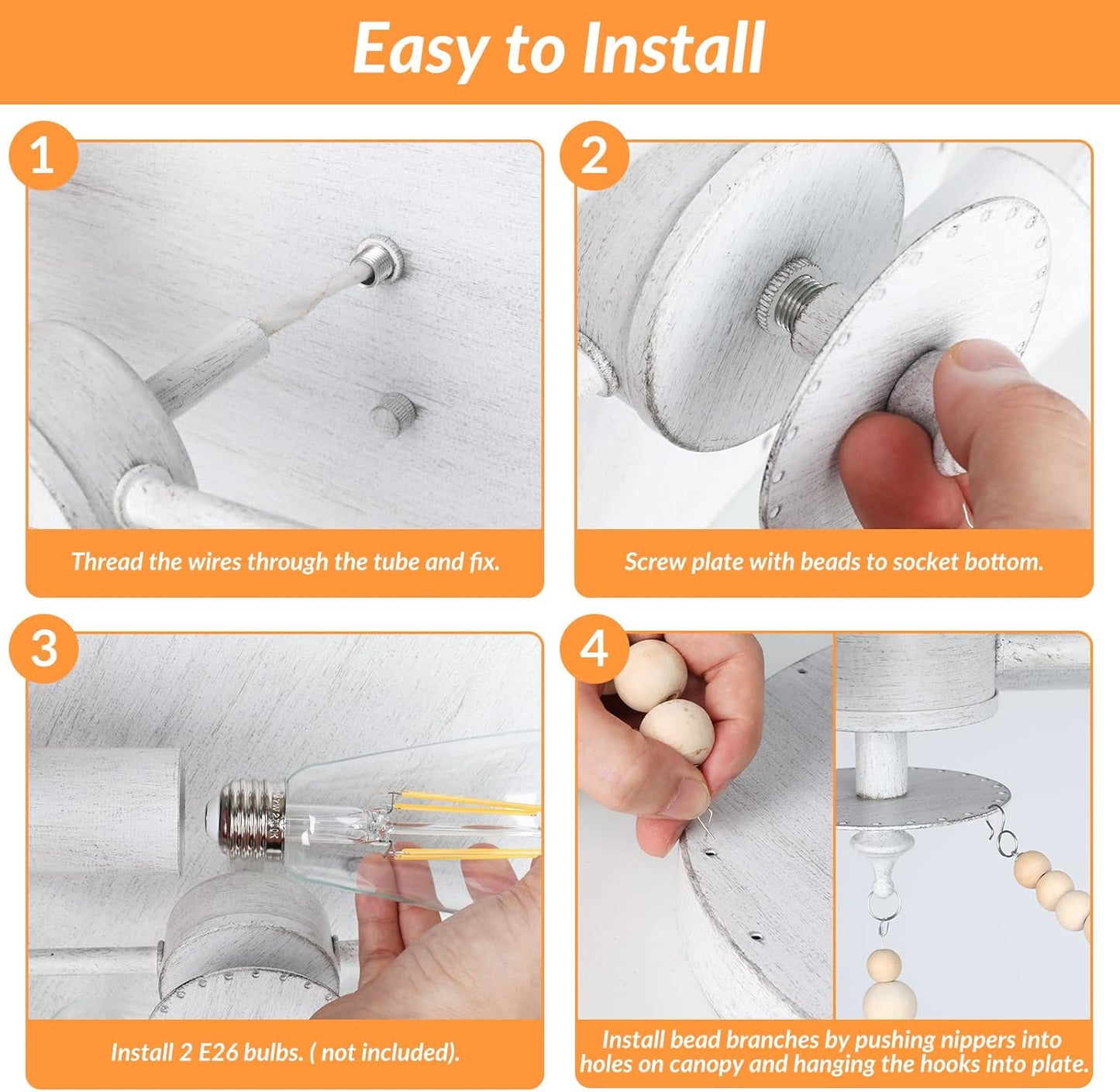 Boho Wood Bead Chandelier, Retro Ceiling Lamp, Farmhouse 2-Light Pendant Light Fixture, Semi Flush Mount Ceiling Light for Living Room Entryway Hallway Kitchen Dining Room Baby’S Nursery, Oak& White