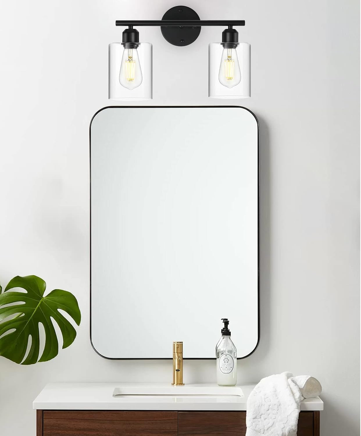 Black Vanity Light 2 Light Bathroom Light Fixtures Hallway Lights Wall Sconce Matte Black with Clear Glass Shade for Bathroom Bedroom Living Room (C-50)