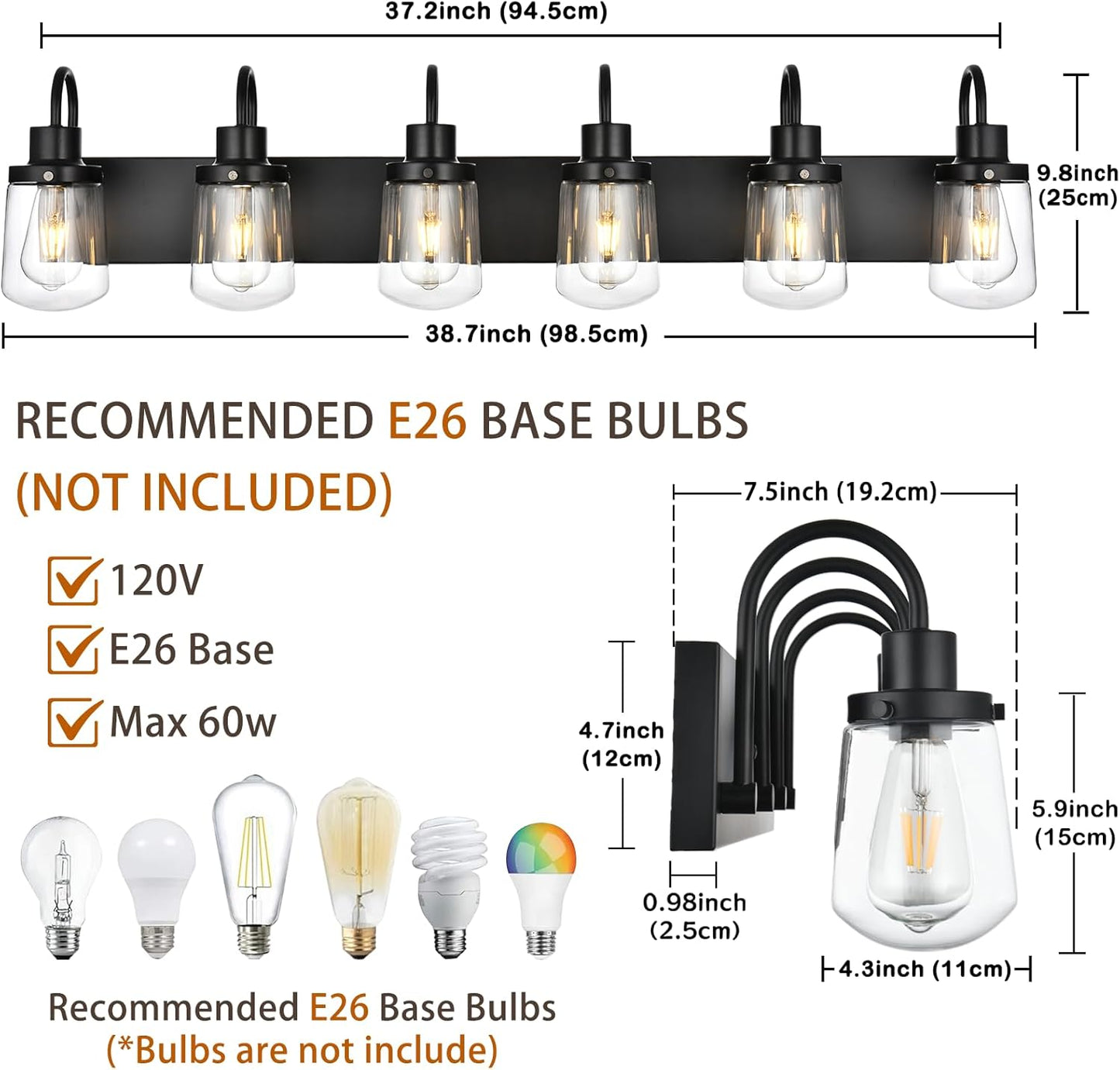 Bathroom Vanity Light Fixtures, 6 Light Black Bathroom Lights Fixtures over Mirror with Clear Glass Shades, Modern Wall Sconces Vanity Lighting Fixture for Bedroom Hallway Kitchen Living Room