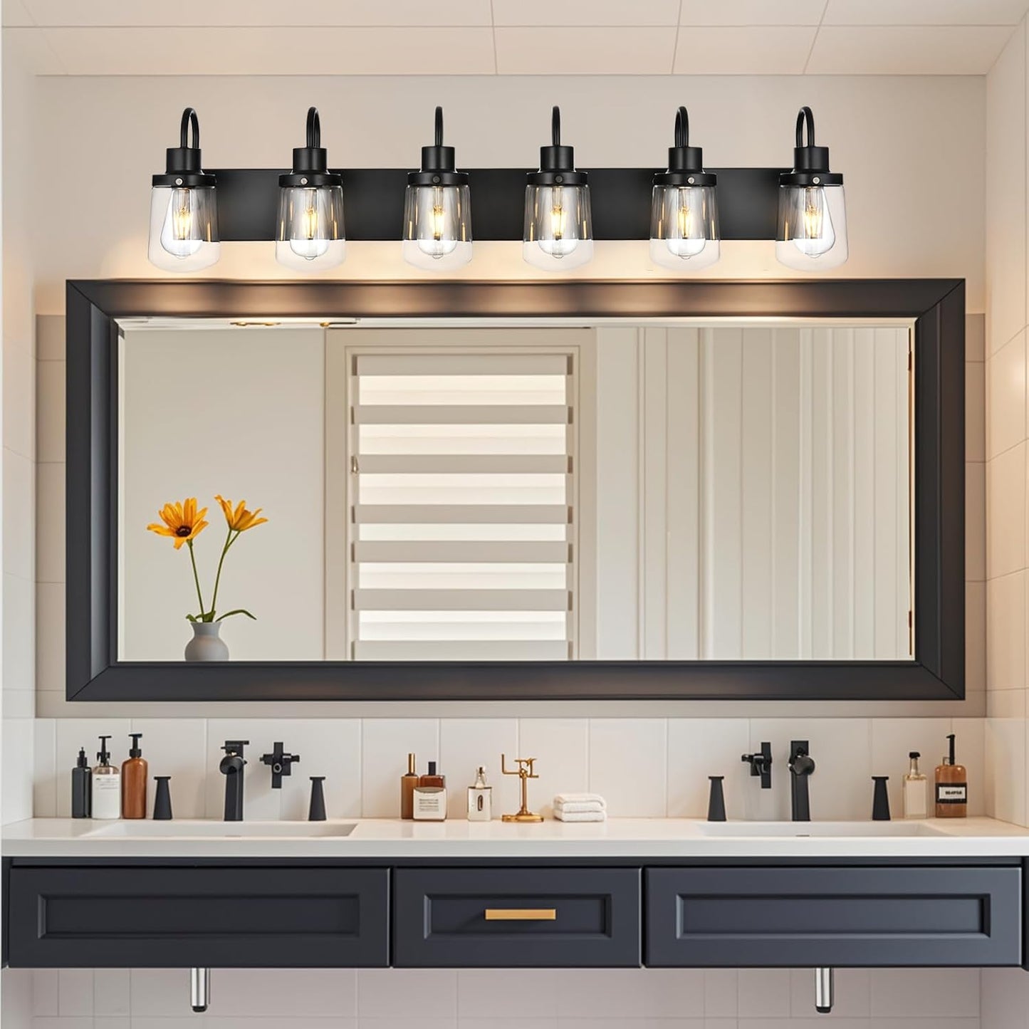 Bathroom Vanity Light Fixtures, 6 Light Black Bathroom Lights Fixtures over Mirror with Clear Glass Shades, Modern Wall Sconces Vanity Lighting Fixture for Bedroom Hallway Kitchen Living Room