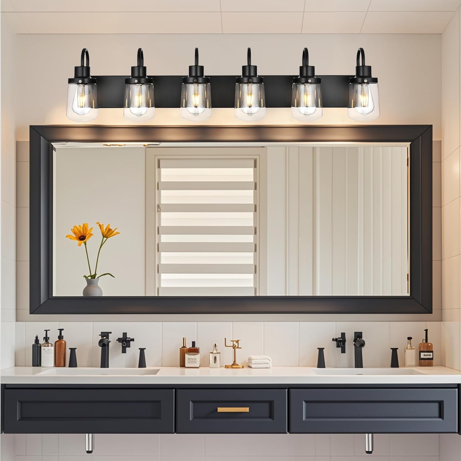 Bathroom Vanity Light Fixtures, 6 Light Black Bathroom Lights Fixtures over Mirror with Clear Glass Shades, Modern Wall Sconces Vanity Lighting Fixture for Bedroom Hallway Kitchen Living Room