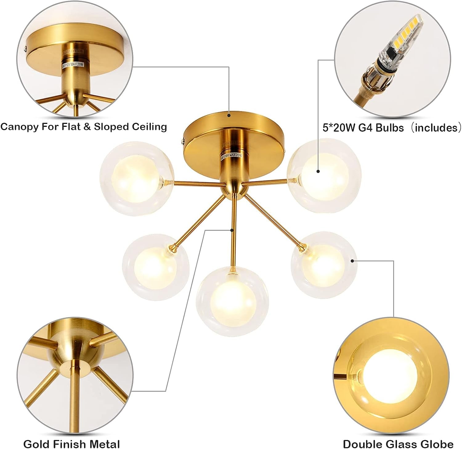 5-Lights Semi Flush Mount Ceiling Light, Modern Ceiling Mounted Gold Light Fixtures, Glass Globe Farmhouse Flush Mount Ceiling Light for Bedroom, Living Room, Dining Room, Kitchen, Hallway, Entryway