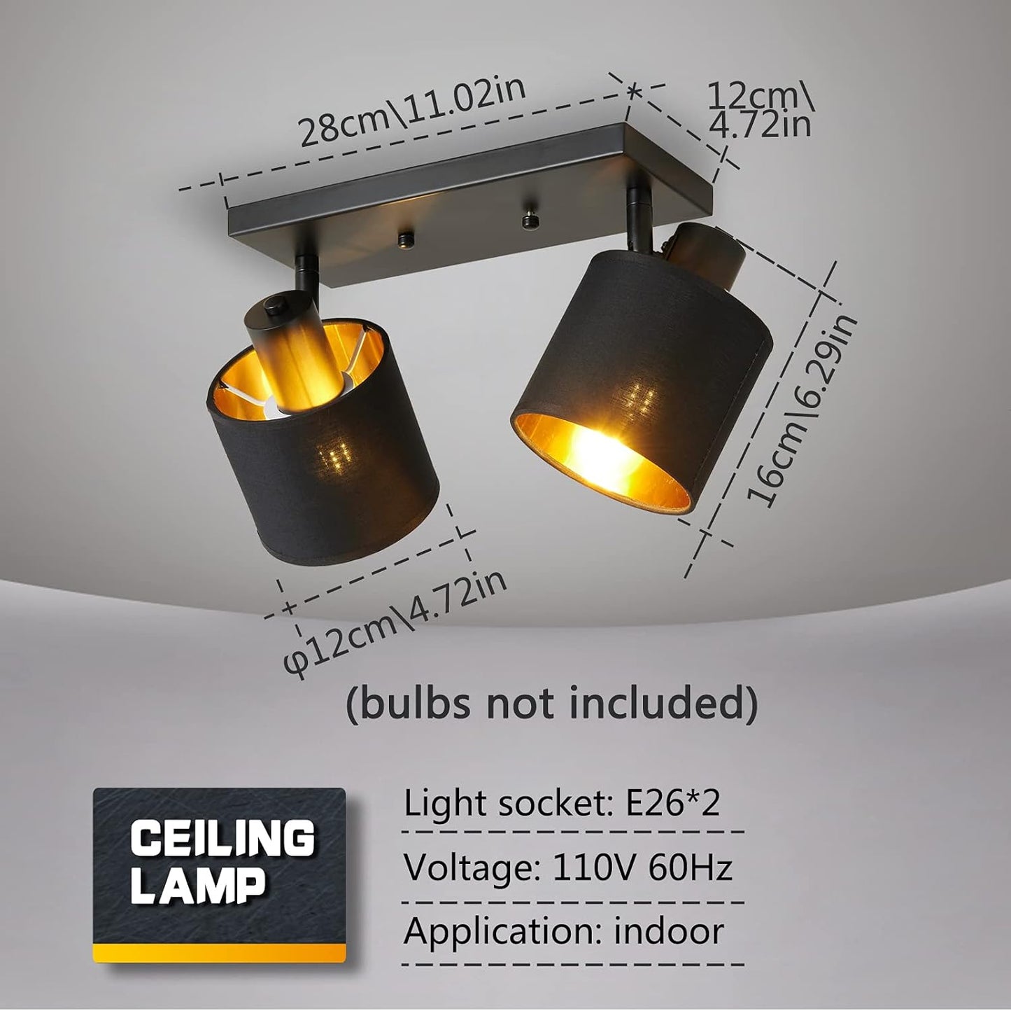 Semi Flush Mount Ceiling Light Black 2-Light Rustic Vintage Ceiling Lights Industrial Farmhouse Ceiling Lamp for Hallway, Entryway, Bedroom, Balcony, Farmhouse, Dining Room