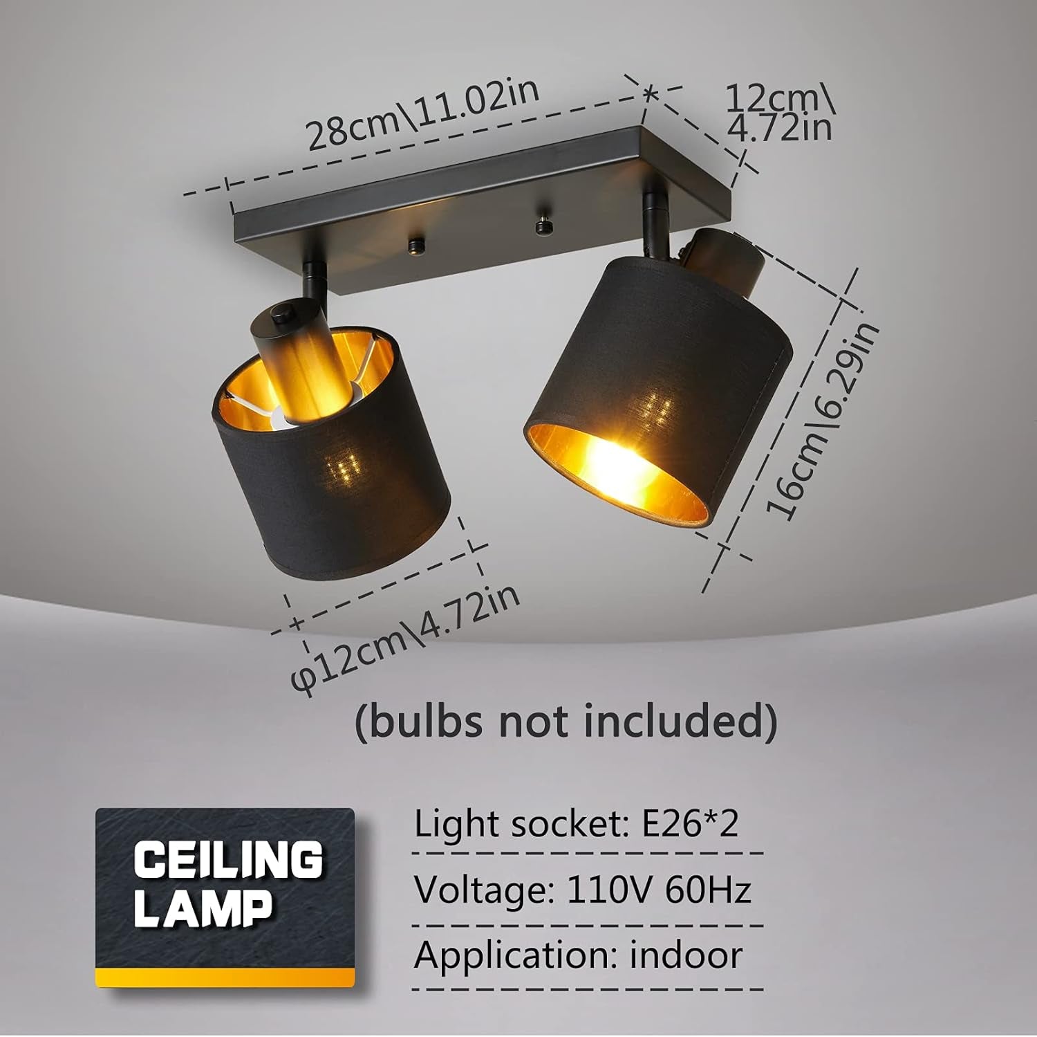 Semi Flush Mount Ceiling Light Black 2-Light Rustic Vintage Ceiling Lights Industrial Farmhouse Ceiling Lamp for Hallway, Entryway, Bedroom, Balcony, Farmhouse, Dining Room