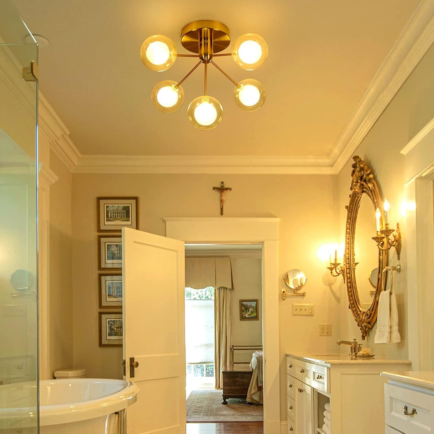 5-Lights Semi Flush Mount Ceiling Light, Modern Ceiling Mounted Gold Light Fixtures, Glass Globe Farmhouse Flush Mount Ceiling Light for Bedroom, Living Room, Dining Room, Kitchen, Hallway, Entryway