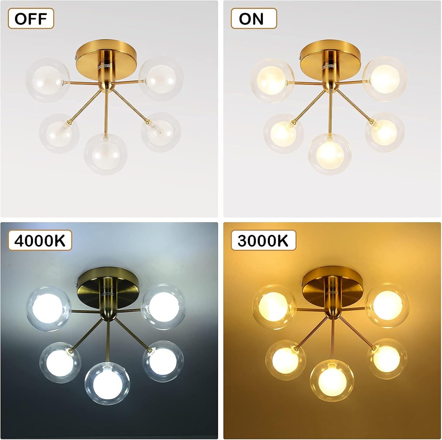 5-Lights Semi Flush Mount Ceiling Light, Modern Ceiling Mounted Gold Light Fixtures, Glass Globe Farmhouse Flush Mount Ceiling Light for Bedroom, Living Room, Dining Room, Kitchen, Hallway, Entryway