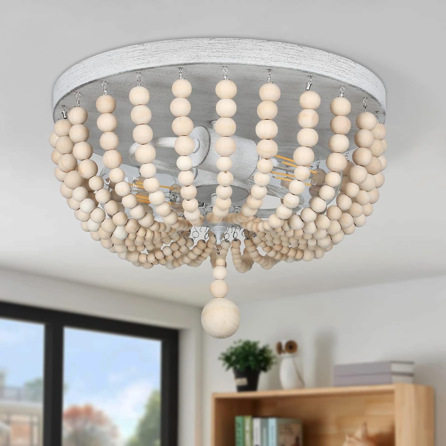 Boho Wood Bead Chandelier, Retro Ceiling Lamp, Farmhouse 2-Light Pendant Light Fixture, Semi Flush Mount Ceiling Light for Living Room Entryway Hallway Kitchen Dining Room Baby’S Nursery, Oak& White