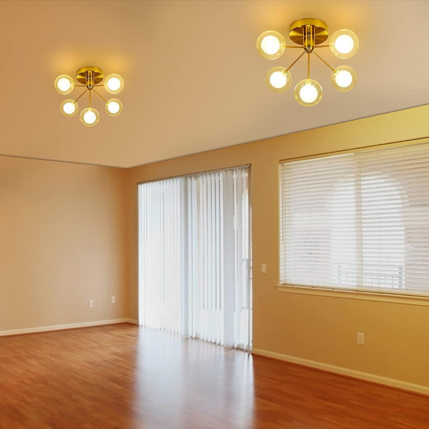 5-Lights Semi Flush Mount Ceiling Light, Modern Ceiling Mounted Gold Light Fixtures, Glass Globe Farmhouse Flush Mount Ceiling Light for Bedroom, Living Room, Dining Room, Kitchen, Hallway, Entryway
