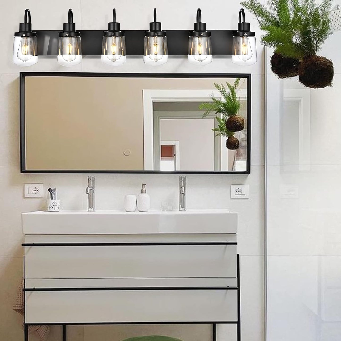 Bathroom Vanity Light Fixtures, 6 Light Black Bathroom Lights Fixtures over Mirror with Clear Glass Shades, Modern Wall Sconces Vanity Lighting Fixture for Bedroom Hallway Kitchen Living Room