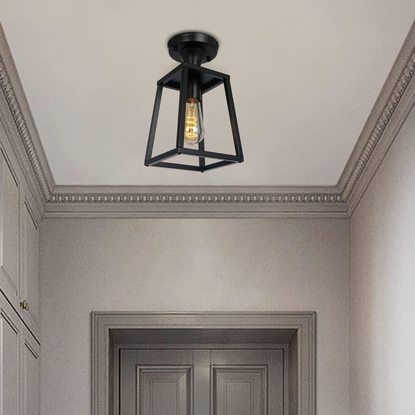 ZOSIMIO Black Industrial Semi-Flush Mount Ceiling Light, Farmhouse Ceiling Light Fixtures for Entryway Porch Hallway Stairway Garage Kitchen Island Dining Room (1 Pack)