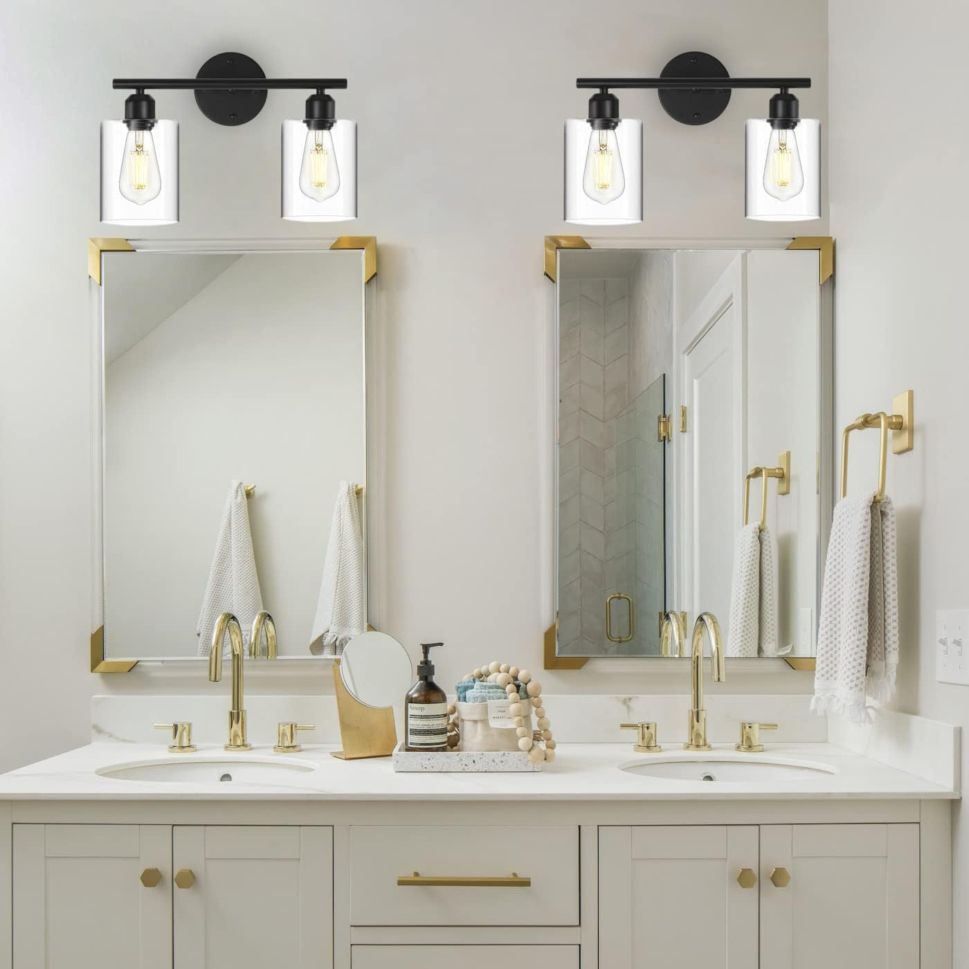 Black Vanity Light 2 Light Bathroom Light Fixtures Hallway Lights Wall Sconce Matte Black with Clear Glass Shade for Bathroom Bedroom Living Room (C-50)