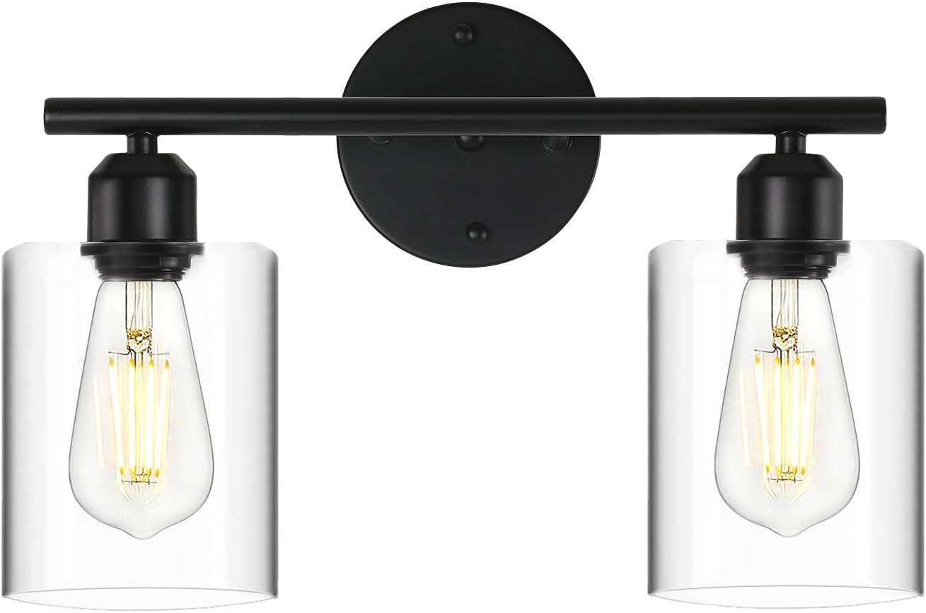 Black Vanity Light 2 Light Bathroom Light Fixtures Hallway Lights Wall Sconce Matte Black with Clear Glass Shade for Bathroom Bedroom Living Room (C-50)