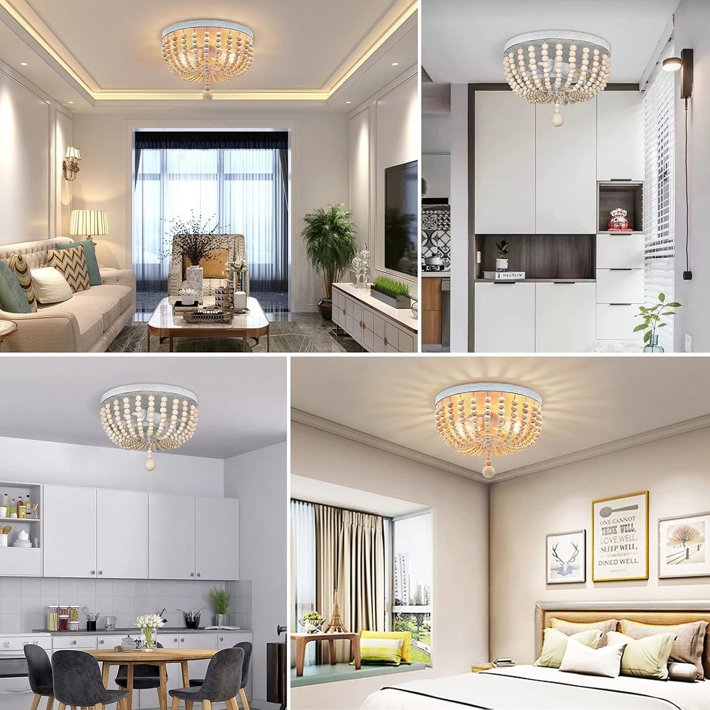 Boho Wood Bead Chandelier, Retro Ceiling Lamp, Farmhouse 2-Light Pendant Light Fixture, Semi Flush Mount Ceiling Light for Living Room Entryway Hallway Kitchen Dining Room Baby’S Nursery, Oak& White