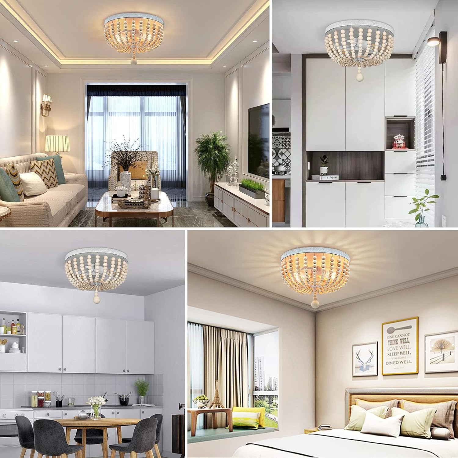 Boho Wood Bead Chandelier, Retro Ceiling Lamp, Farmhouse 2-Light Pendant Light Fixture, Semi Flush Mount Ceiling Light for Living Room Entryway Hallway Kitchen Dining Room Baby’S Nursery, Oak& White