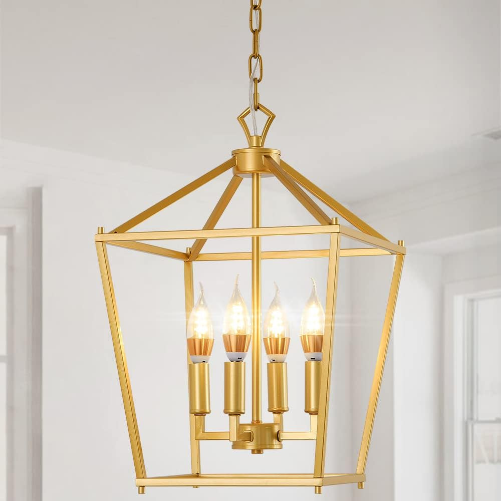 Mid-Century Lantern Chandelier, 4-Light Gold Pendant Lighting Fixtures, Geometric Hanging Light Fixture for Living Room, Dining Room, Bedroom, Kitchen, Entryway, and Hallway