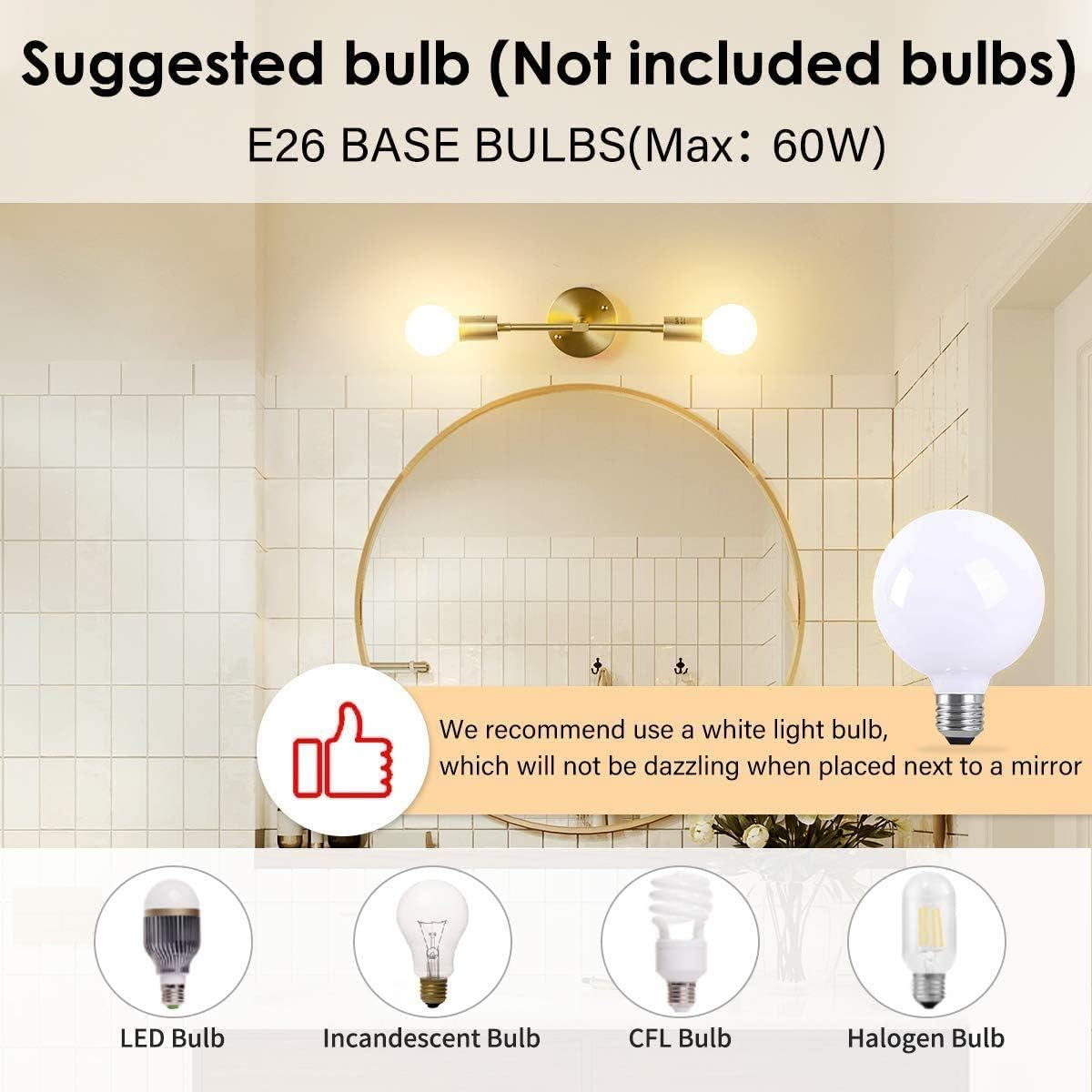 Gold Vanity Lights, 2-Light Bathroom Light Fixtures over Mirror Brass Sconce Modern Semi Flush Mount Wall Light Fixture for Toilet Bedroom Living Dining Room Restaurant Hallway Entryway