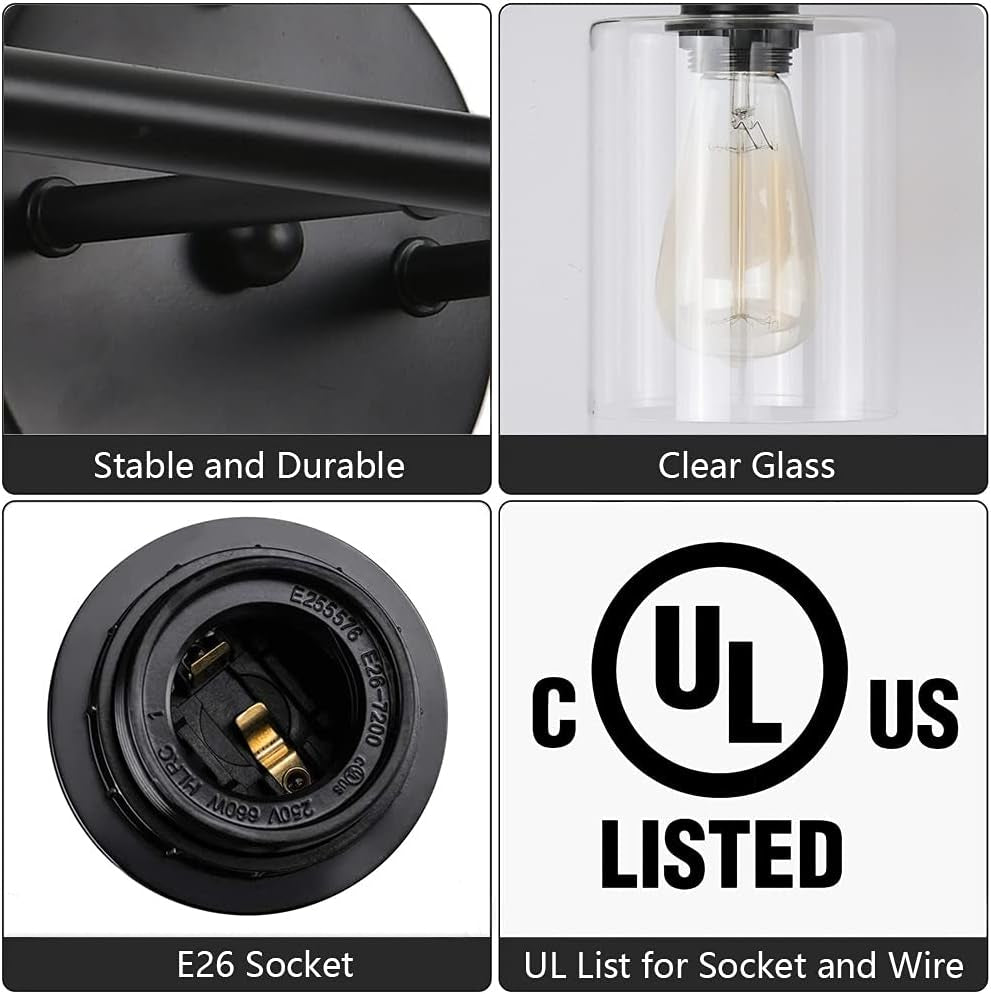 Black Vanity Light 2 Light Bathroom Light Fixtures Hallway Lights Wall Sconce Matte Black with Clear Glass Shade for Bathroom Bedroom Living Room (C-50)