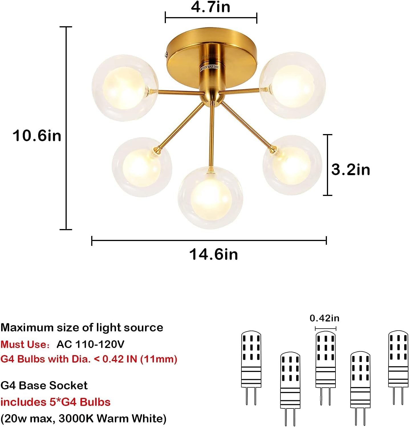 5-Lights Semi Flush Mount Ceiling Light, Modern Ceiling Mounted Gold Light Fixtures, Glass Globe Farmhouse Flush Mount Ceiling Light for Bedroom, Living Room, Dining Room, Kitchen, Hallway, Entryway