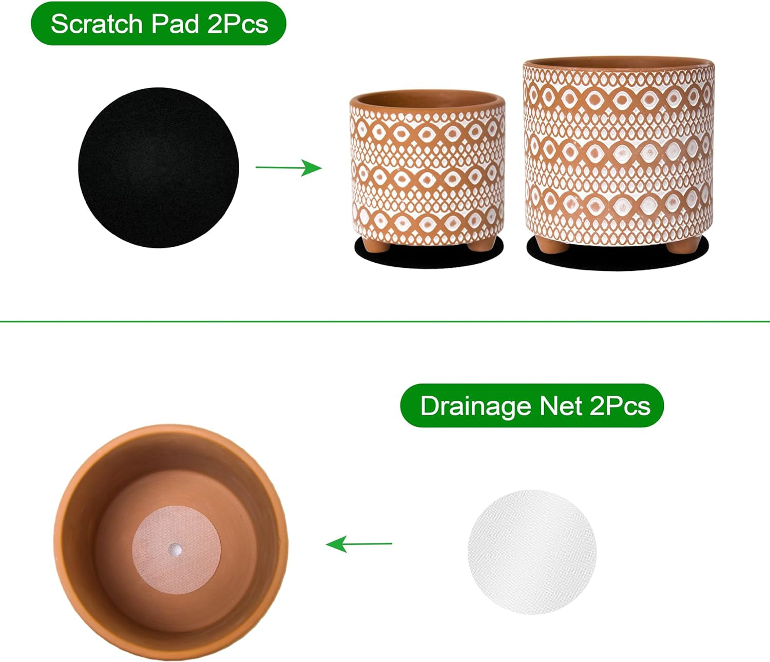 Set of 2 Terracotta Planter Pots, 4 Inch & 6 Inch, Design Plants Pot with Drainage Hole, Desert Mirage, Terracotta/White, 31-953-B-1