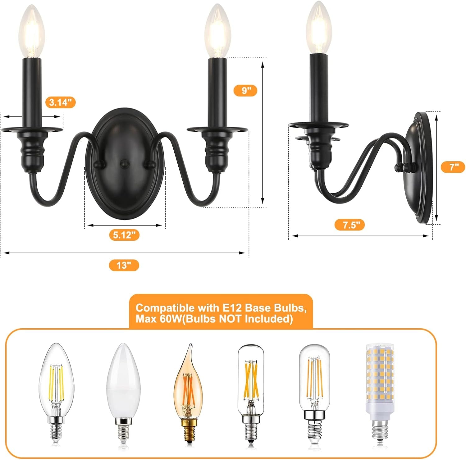 Farmhouse Wall Sconce 2 Pack, Black Wall Sconces Set of Two, Industrial Candle Sconces Wall Lighting, Classic Wall Light Fixtures Indoor for Bedroom Stairs Hallway Living Room Entryway