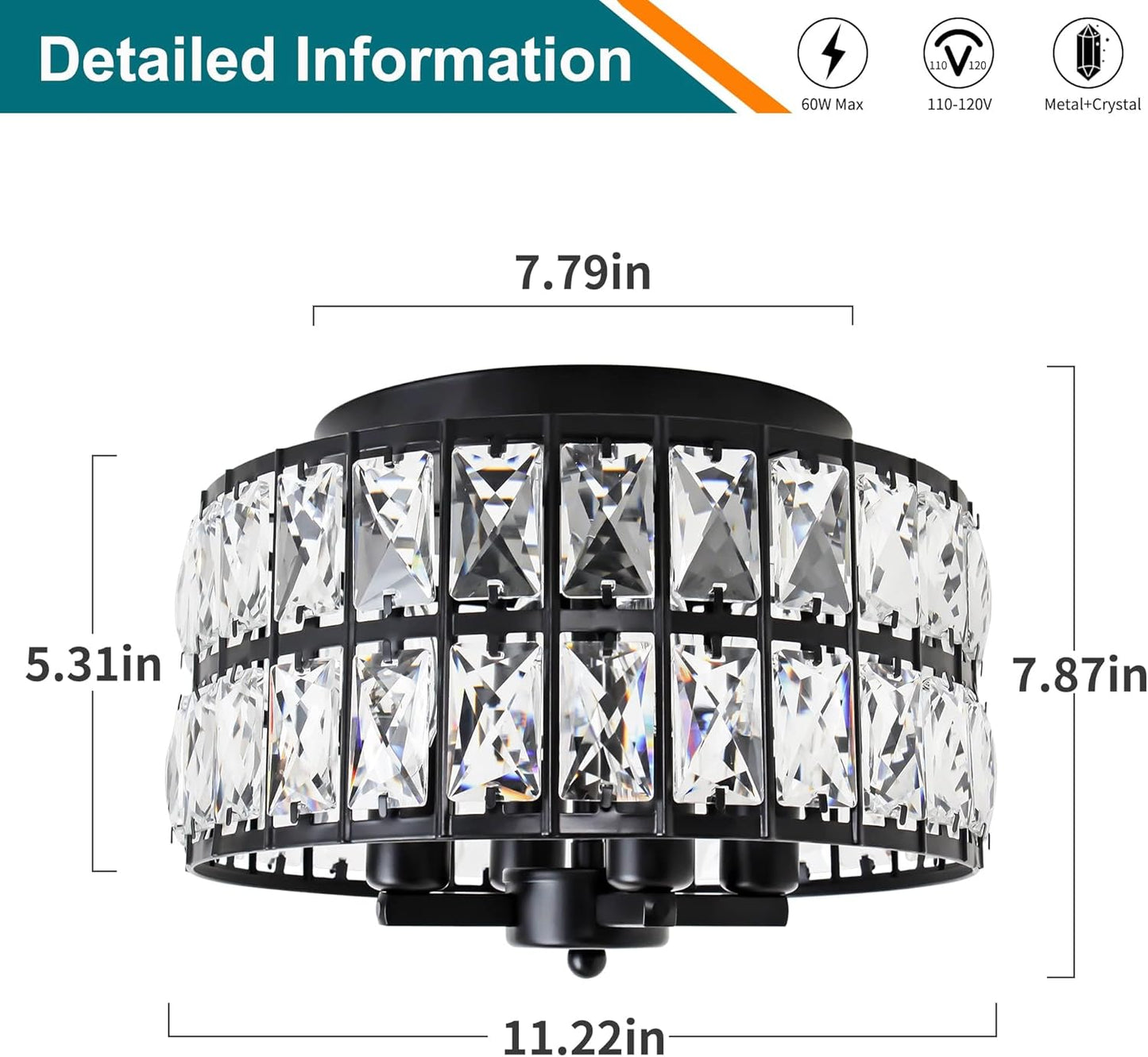 Black Flush Mount Ceiling Light, Crystal Close to Ceiling Light Fixtures, Modern Ceiling Light for Hallway Bathroom Kitchen Dining Room Entryway