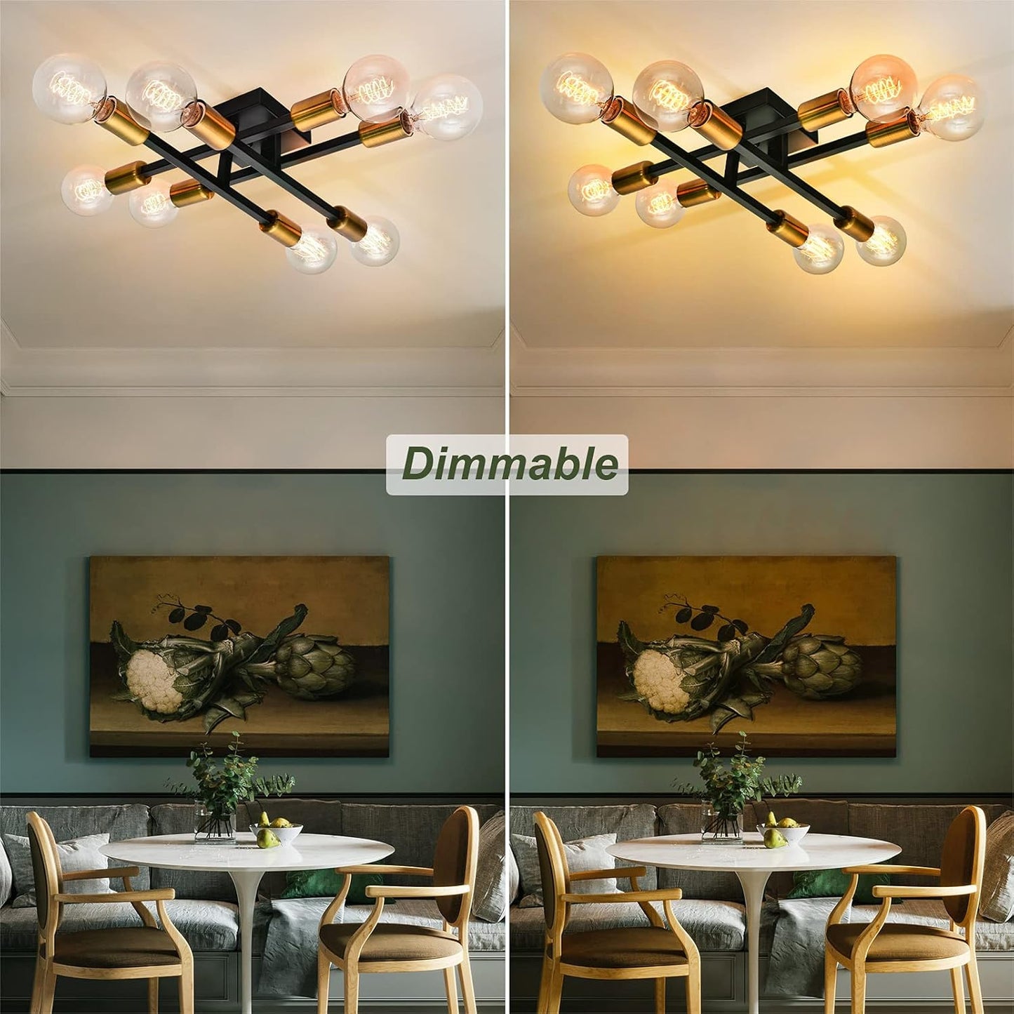 Semi Flush Mount Ceiling Light Fixture, 8 Light Vintage Sputnik Chandelier, Modern Ceiling Lamp for Kitchen Bedroom Living Room Bathroom Dining Room Hallway Farmhouse