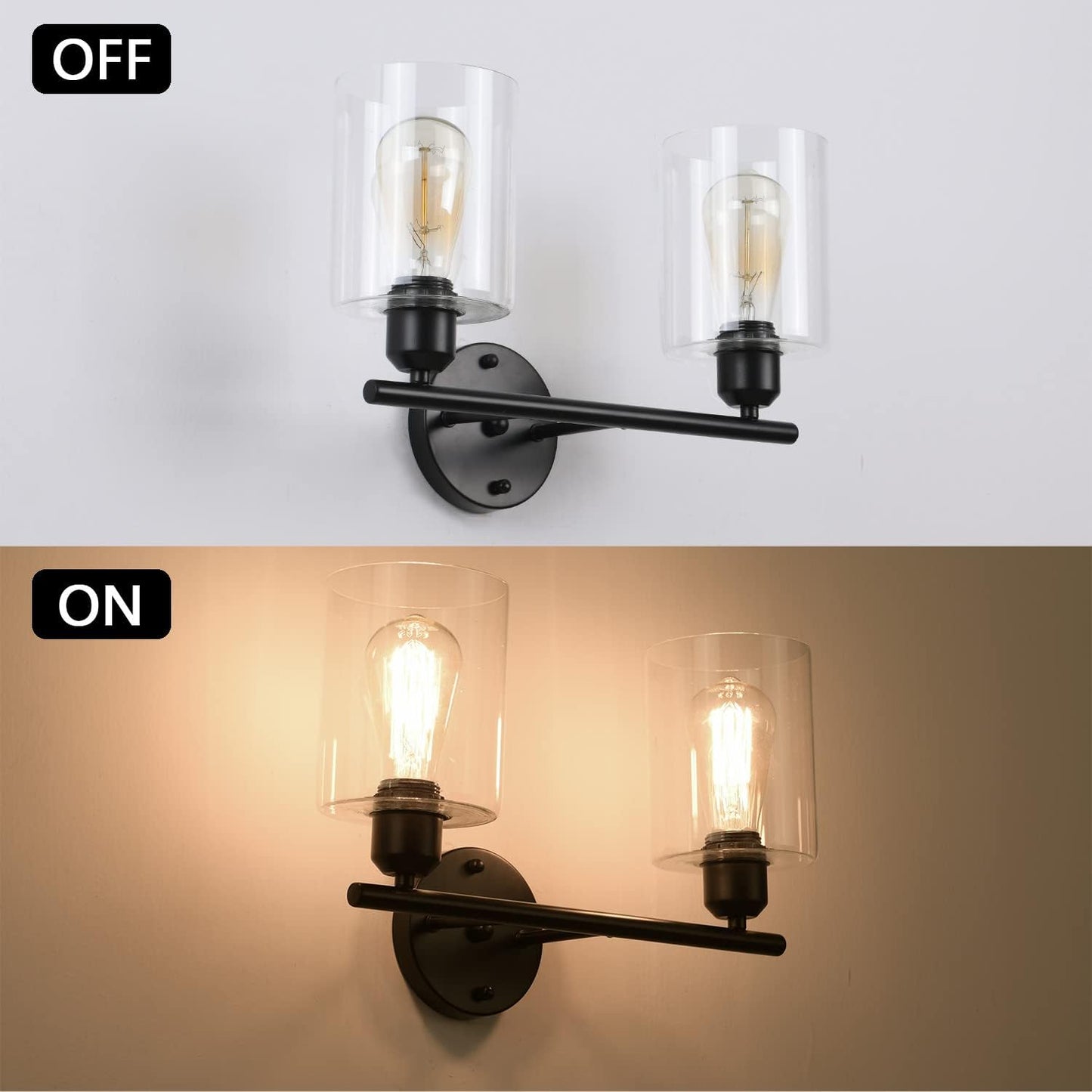 Black Vanity Light 2 Light Bathroom Light Fixtures Hallway Lights Wall Sconce Matte Black with Clear Glass Shade for Bathroom Bedroom Living Room (C-50)