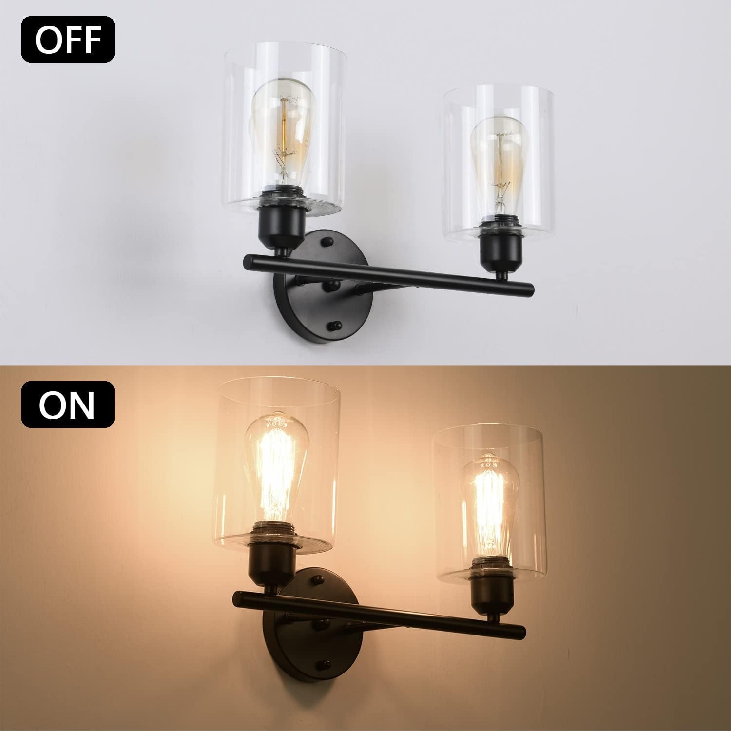 Black Vanity Light 2 Light Bathroom Light Fixtures Hallway Lights Wall Sconce Matte Black with Clear Glass Shade for Bathroom Bedroom Living Room (C-50)