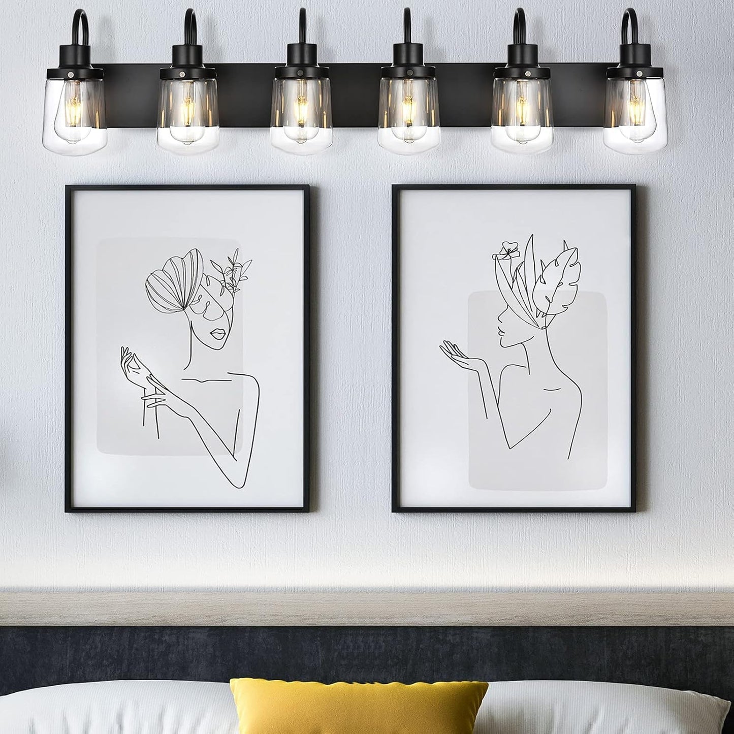 Bathroom Vanity Light Fixtures, 6 Light Black Bathroom Lights Fixtures over Mirror with Clear Glass Shades, Modern Wall Sconces Vanity Lighting Fixture for Bedroom Hallway Kitchen Living Room