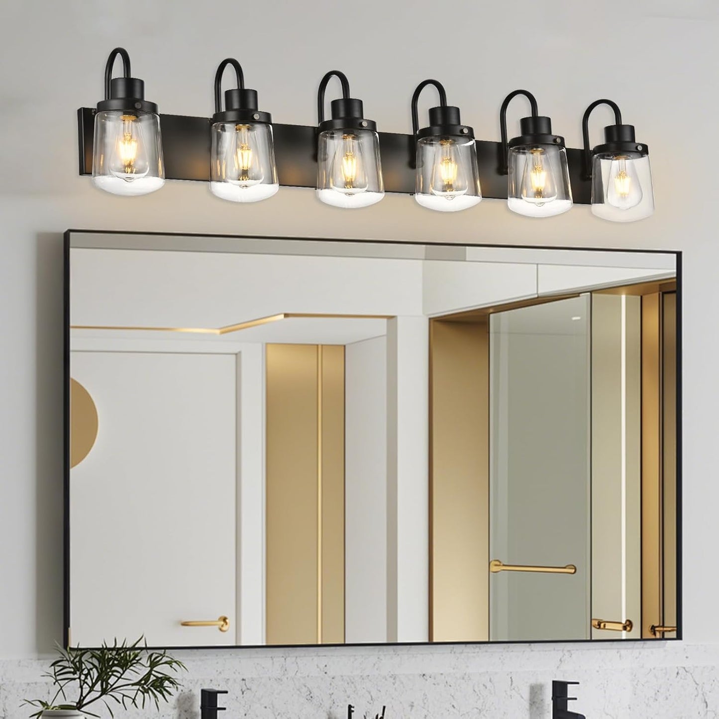 Bathroom Vanity Light Fixtures, 6 Light Black Bathroom Lights Fixtures over Mirror with Clear Glass Shades, Modern Wall Sconces Vanity Lighting Fixture for Bedroom Hallway Kitchen Living Room