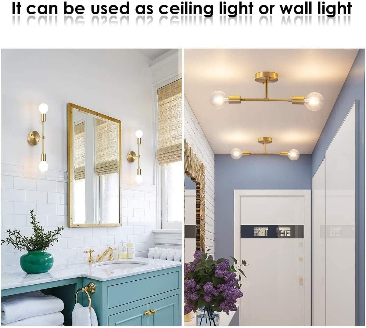 Gold Vanity Lights, 2-Light Bathroom Light Fixtures over Mirror Brass Sconce Modern Semi Flush Mount Wall Light Fixture for Toilet Bedroom Living Dining Room Restaurant Hallway Entryway