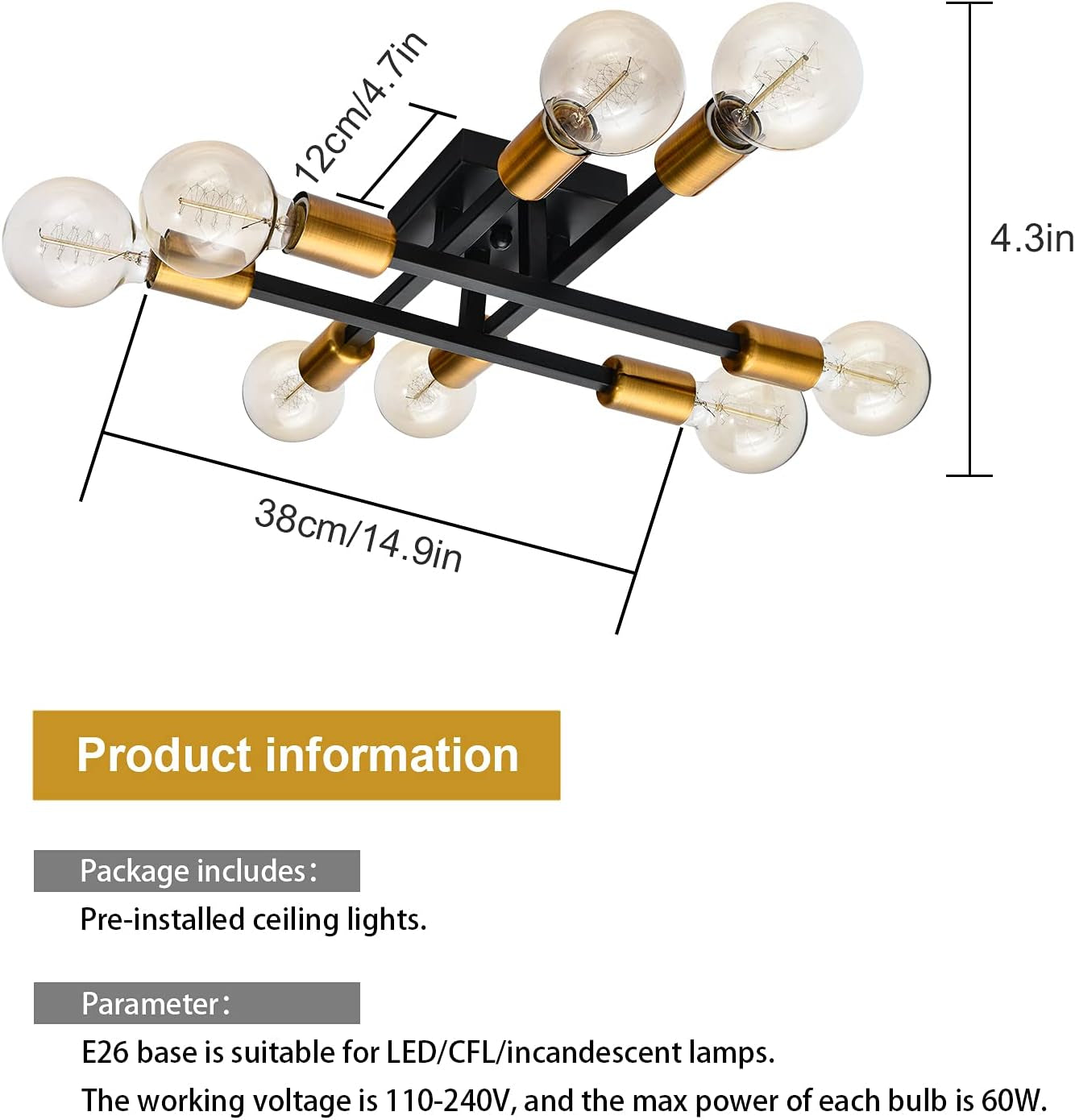 Semi Flush Mount Ceiling Light Fixture, 8 Light Vintage Sputnik Chandelier, Modern Ceiling Lamp for Kitchen Bedroom Living Room Bathroom Dining Room Hallway Farmhouse