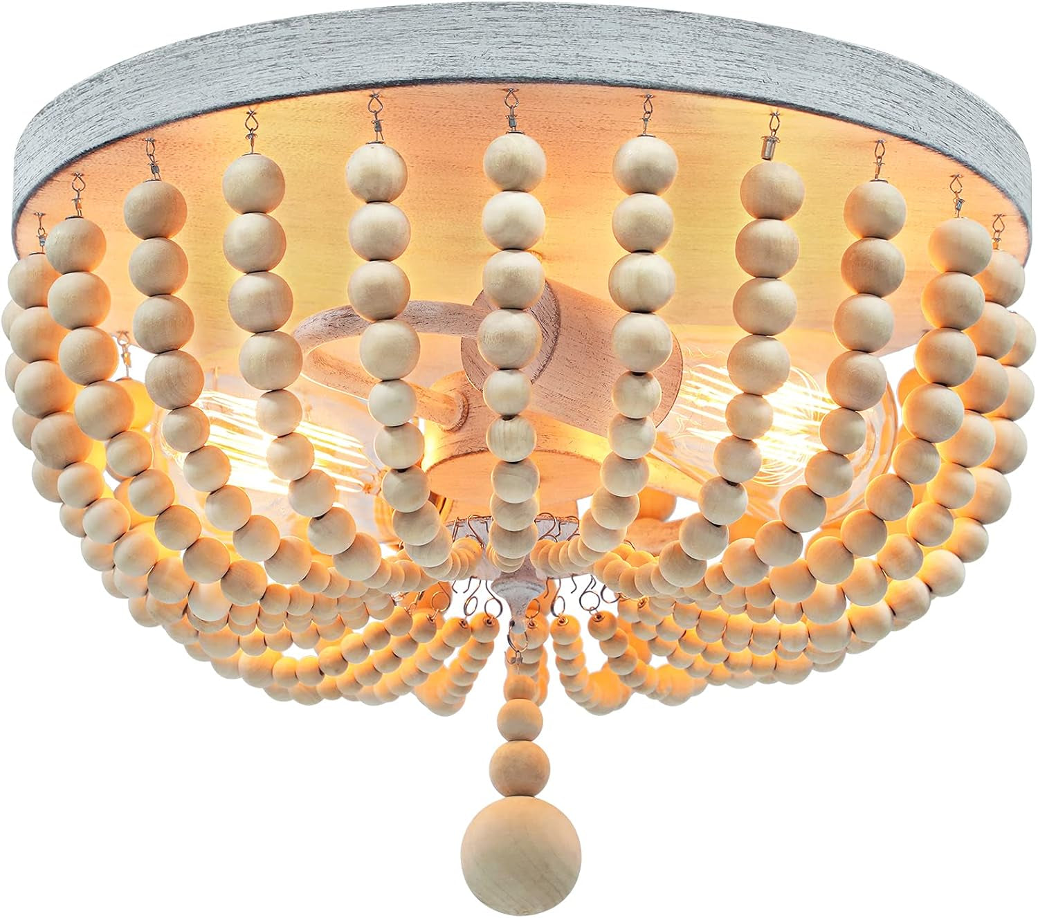 Boho Wood Bead Chandelier, Retro Ceiling Lamp, Farmhouse 2-Light Pendant Light Fixture, Semi Flush Mount Ceiling Light for Living Room Entryway Hallway Kitchen Dining Room Baby’S Nursery, Oak& White