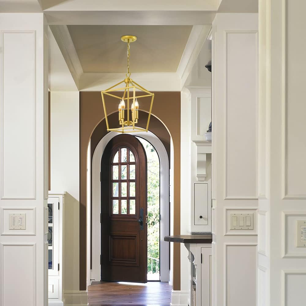 Mid-Century Lantern Chandelier, 4-Light Gold Pendant Lighting Fixtures, Geometric Hanging Light Fixture for Living Room, Dining Room, Bedroom, Kitchen, Entryway, and Hallway