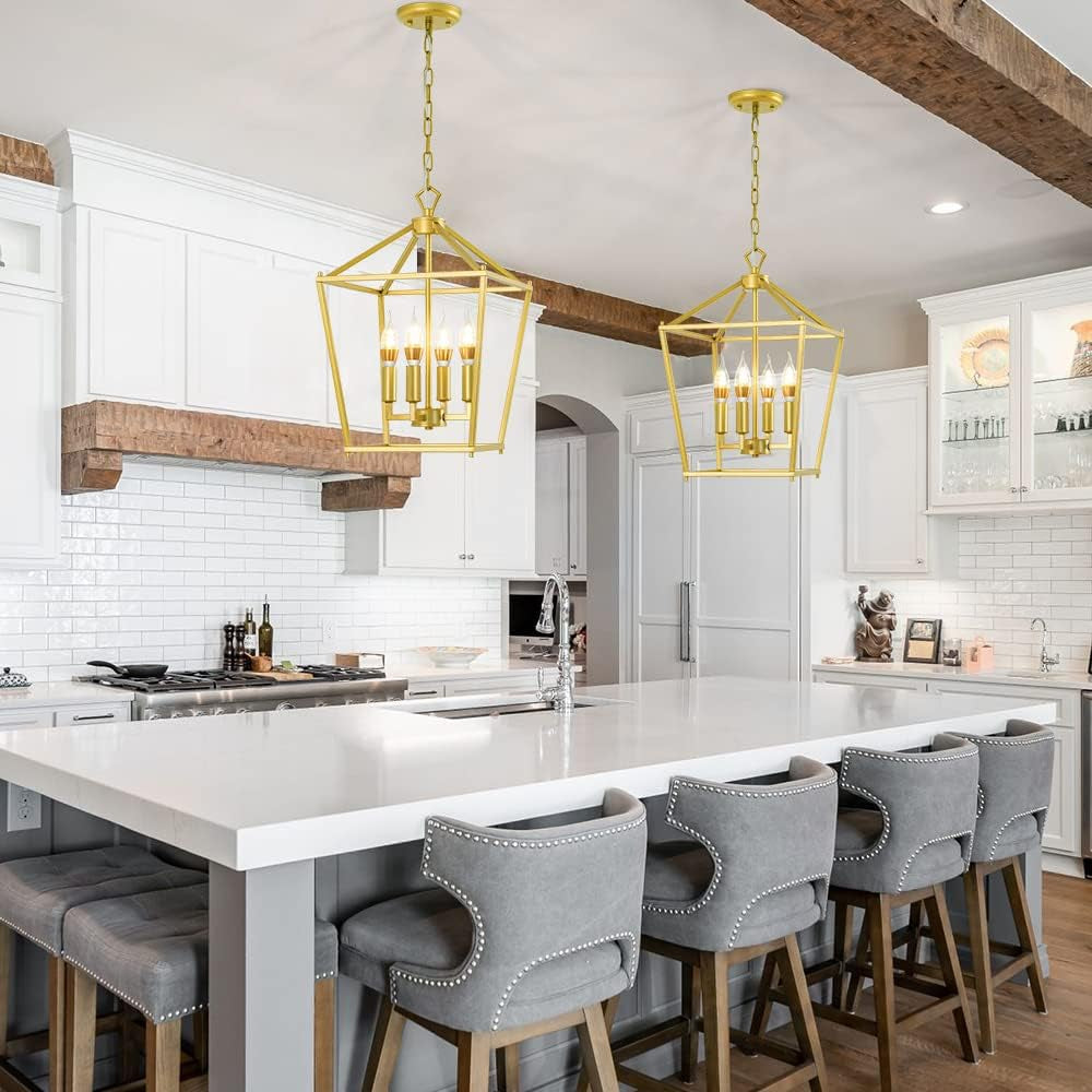 Mid-Century Lantern Chandelier, 4-Light Gold Pendant Lighting Fixtures, Geometric Hanging Light Fixture for Living Room, Dining Room, Bedroom, Kitchen, Entryway, and Hallway