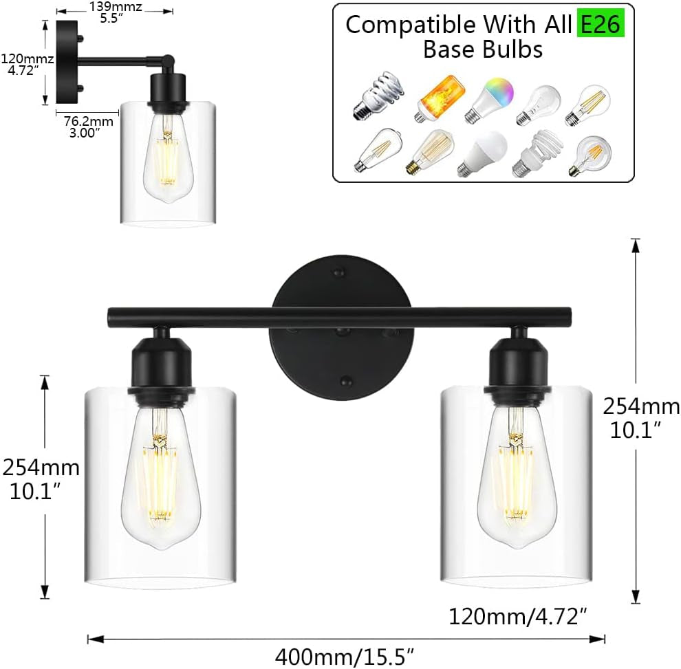 Black Vanity Light 2 Light Bathroom Light Fixtures Hallway Lights Wall Sconce Matte Black with Clear Glass Shade for Bathroom Bedroom Living Room (C-50)