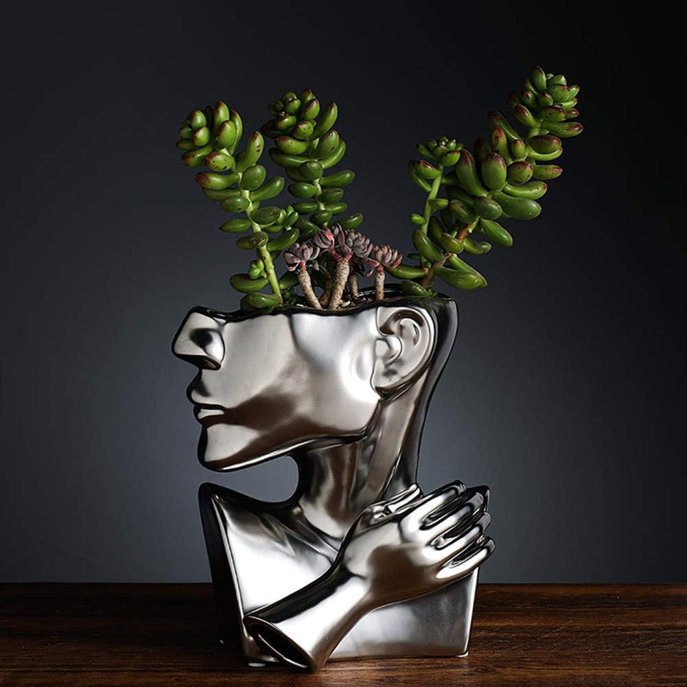 Silver Ceramic Vase Decoration Human Face Abstract Sculpture Modern Vase Ideal Gift for Friends, Family, Wedding or Home Decoration