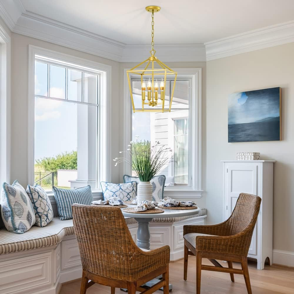 Mid-Century Lantern Chandelier, 4-Light Gold Pendant Lighting Fixtures, Geometric Hanging Light Fixture for Living Room, Dining Room, Bedroom, Kitchen, Entryway, and Hallway