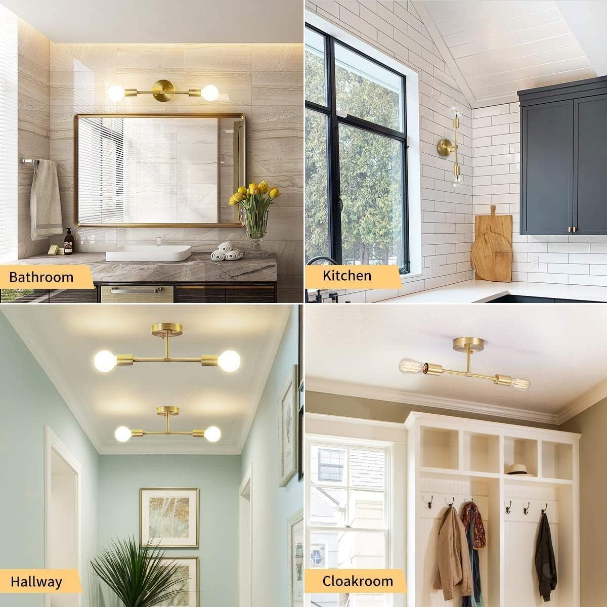 Gold Vanity Lights, 2-Light Bathroom Light Fixtures over Mirror Brass Sconce Modern Semi Flush Mount Wall Light Fixture for Toilet Bedroom Living Dining Room Restaurant Hallway Entryway