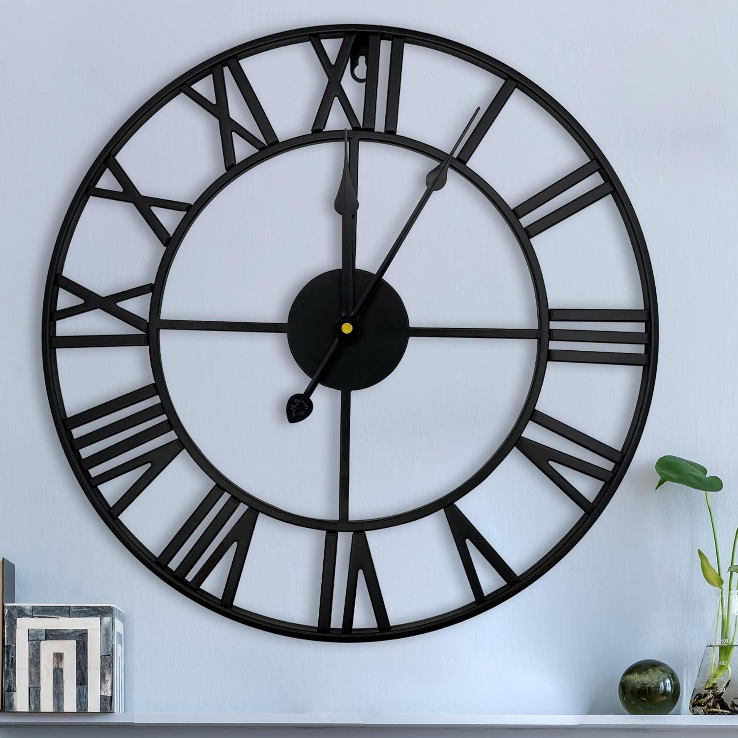 16" Wall Clocks, Large Modern Metal round Silent Clocks, Roman Numeral Indoor Decorative Clocks for Living Room Kitchen Bedroom Office Farmhouse (Black)