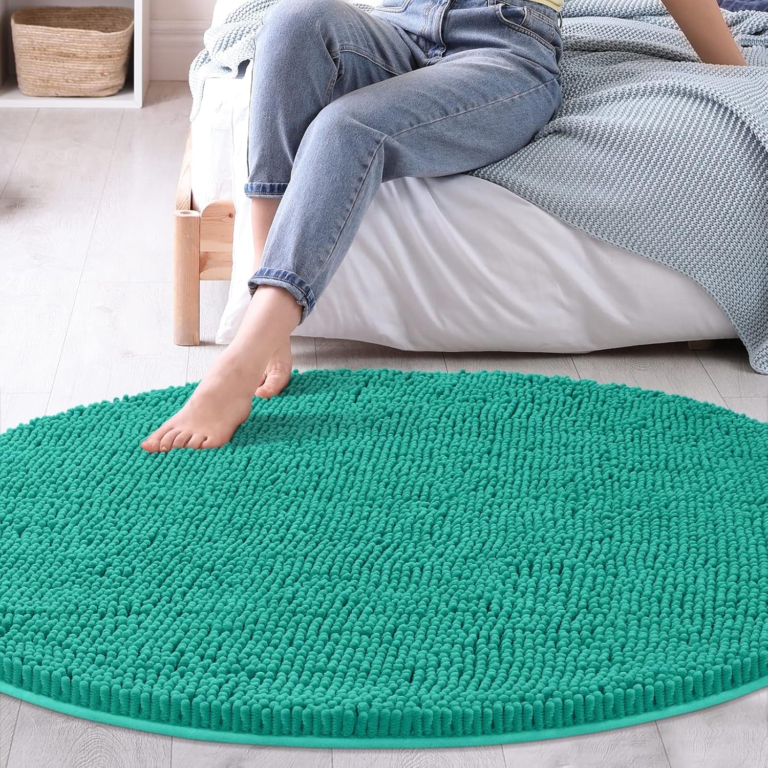 round Area Rug Set for Bathroom | Soft Plush Chenille Bath Mat, Water Absorbent Non-Slip Bathroom Rug | Washable Shag Carpet for Shower, Bedroom, or Home Décor | 36"X36" (Round) | Turquoise