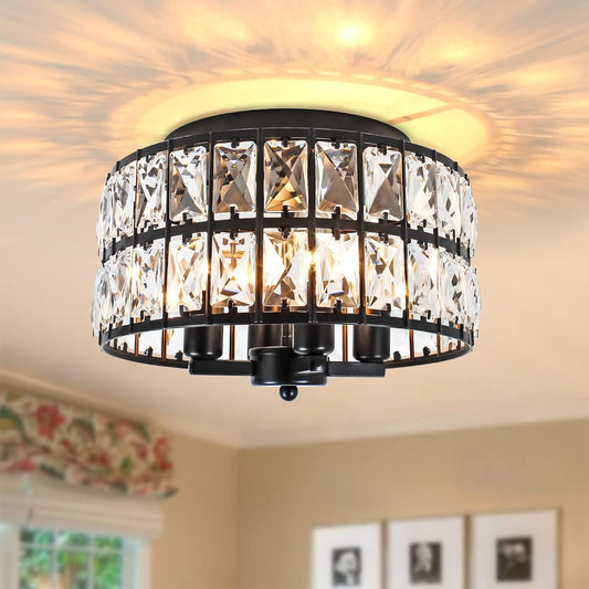 Black Flush Mount Ceiling Light, Crystal Close to Ceiling Light Fixtures, Modern Ceiling Light for Hallway Bathroom Kitchen Dining Room Entryway