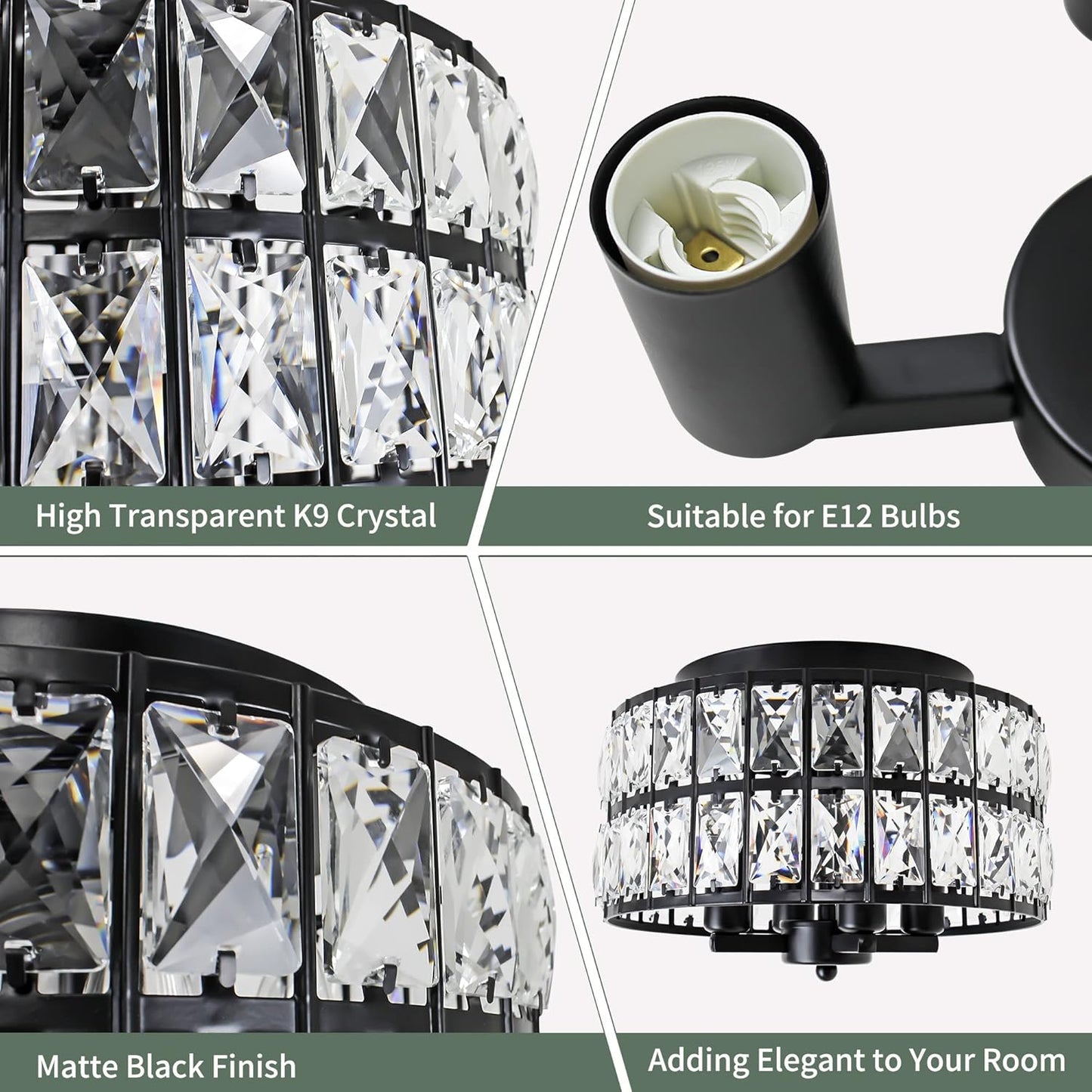 Black Flush Mount Ceiling Light, Crystal Close to Ceiling Light Fixtures, Modern Ceiling Light for Hallway Bathroom Kitchen Dining Room Entryway