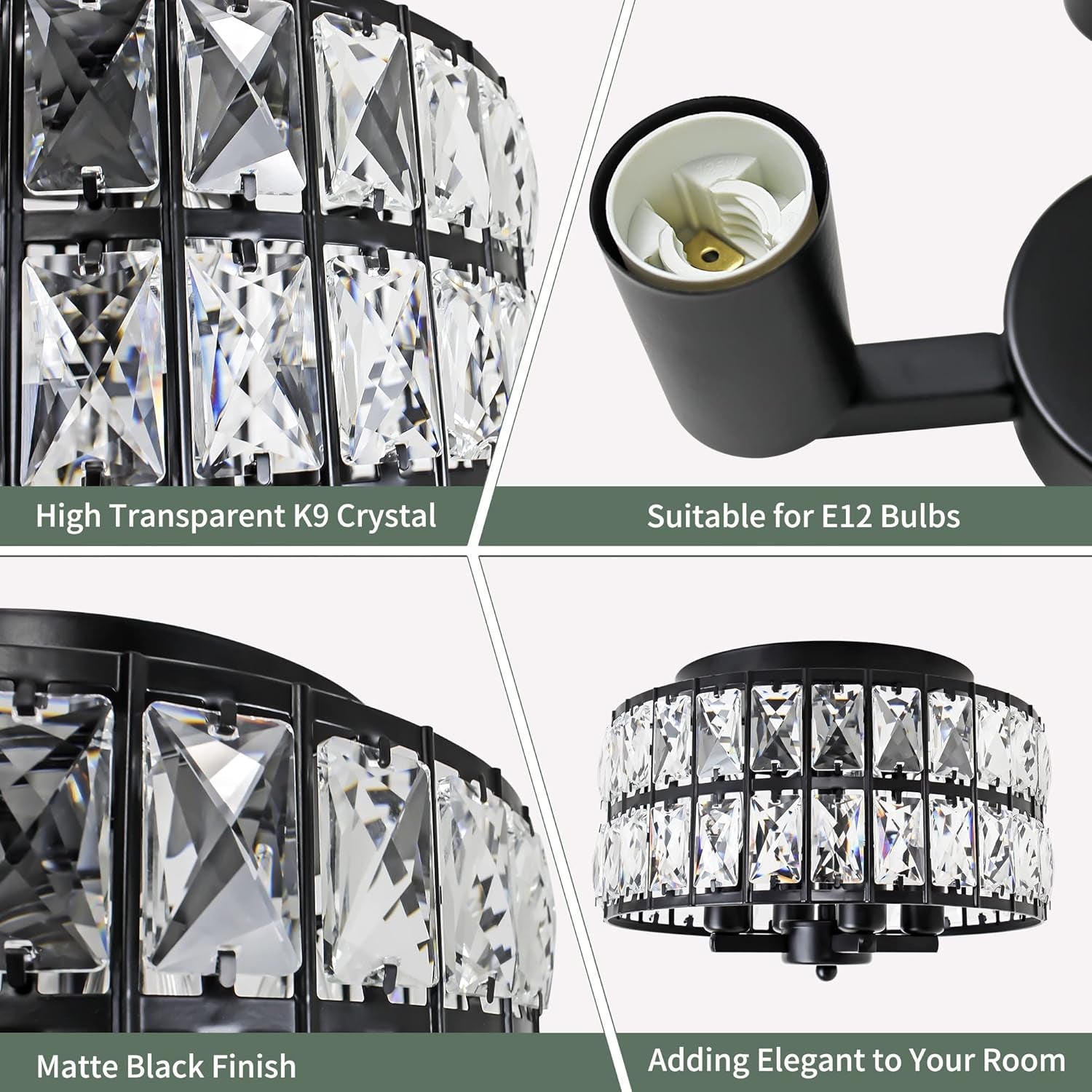 Black Flush Mount Ceiling Light, Crystal Close to Ceiling Light Fixtures, Modern Ceiling Light for Hallway Bathroom Kitchen Dining Room Entryway