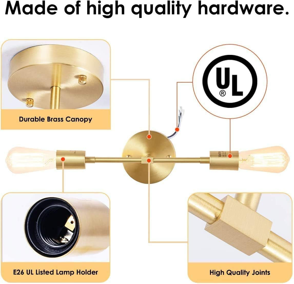 Gold Vanity Lights, 2-Light Bathroom Light Fixtures over Mirror Brass Sconce Modern Semi Flush Mount Wall Light Fixture for Toilet Bedroom Living Dining Room Restaurant Hallway Entryway