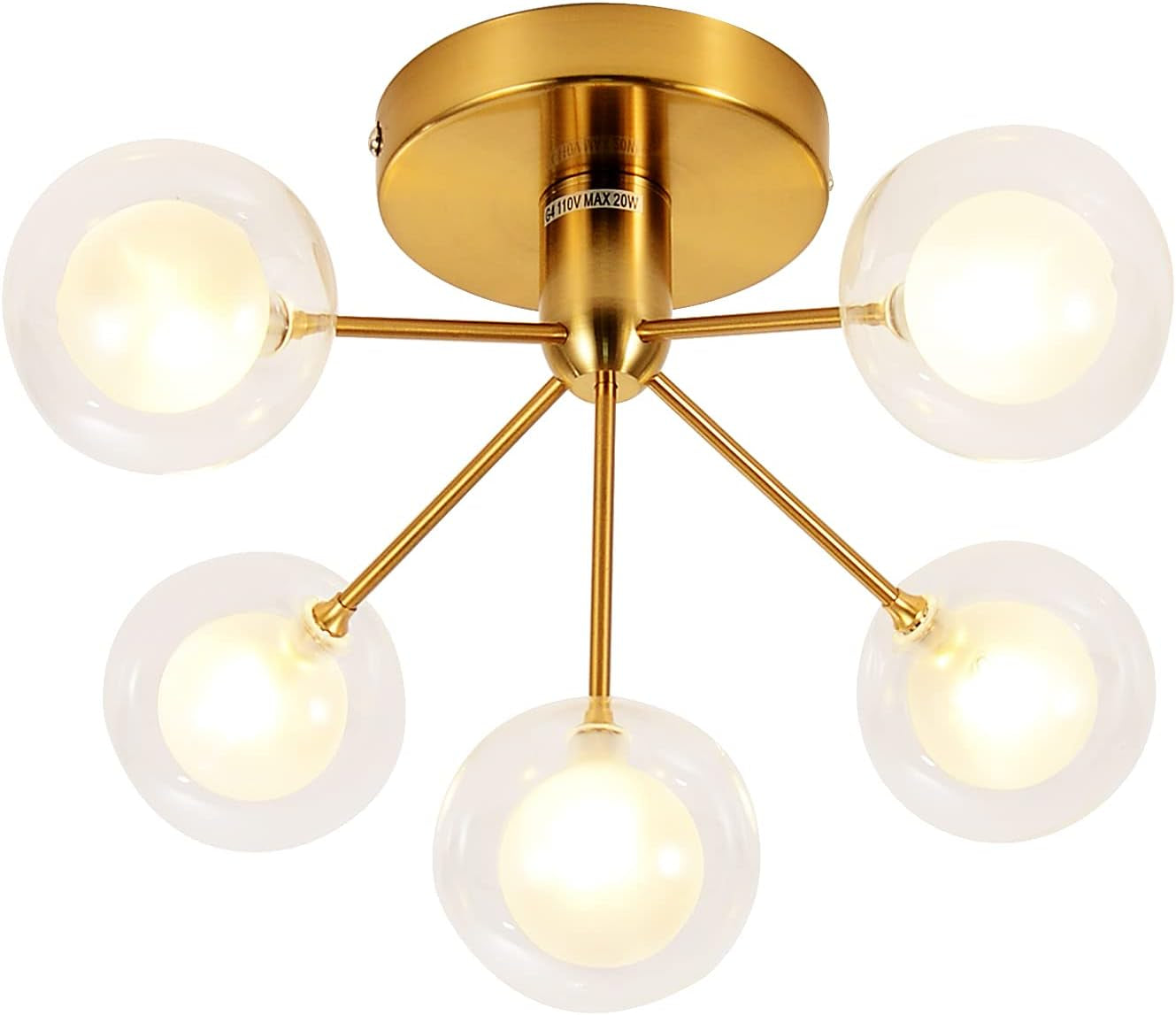5-Lights Semi Flush Mount Ceiling Light, Modern Ceiling Mounted Gold Light Fixtures, Glass Globe Farmhouse Flush Mount Ceiling Light for Bedroom, Living Room, Dining Room, Kitchen, Hallway, Entryway
